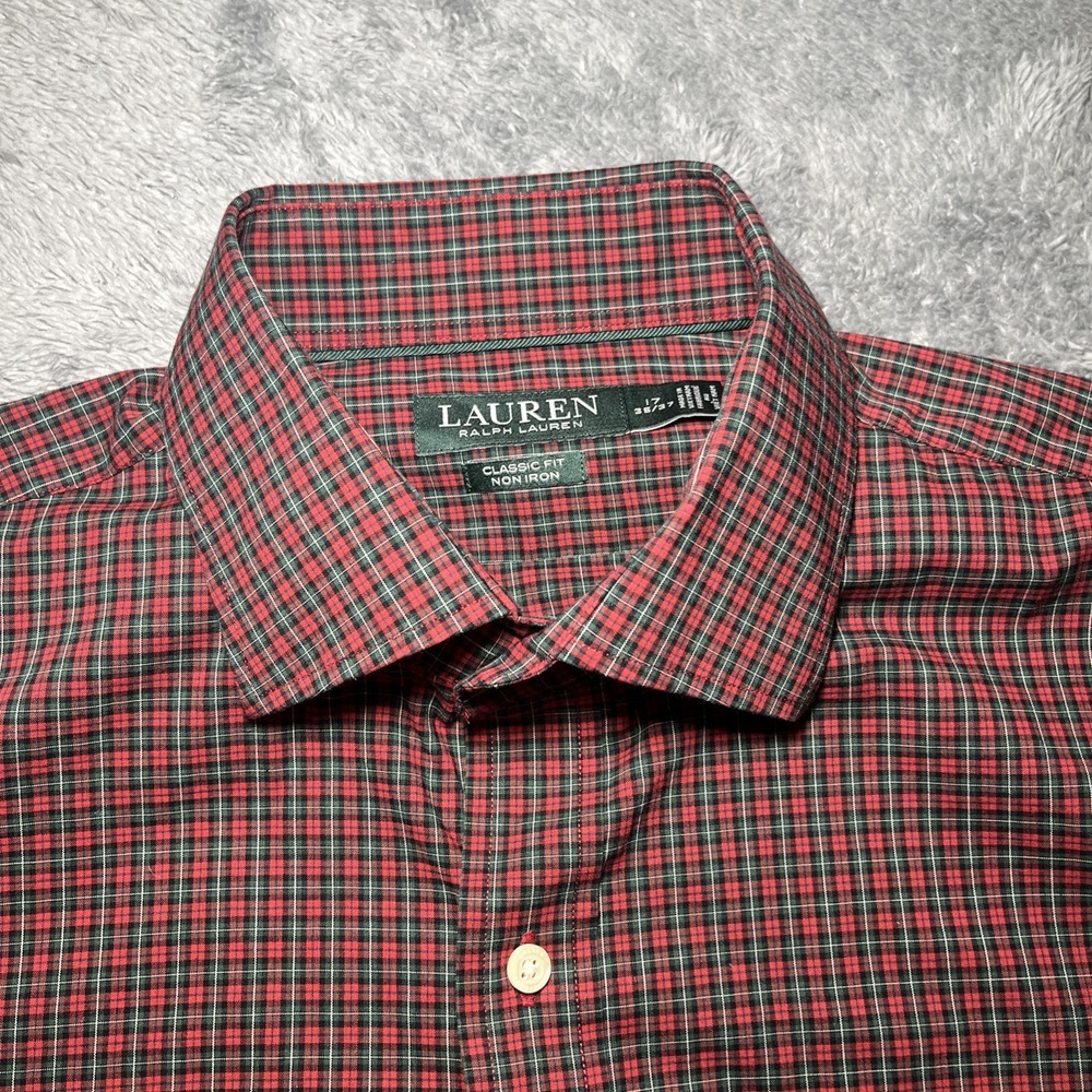 Lauren Ralph Lauren Button Up Classic Fit Non Iron SZ 17 35/37 Plaid Red/Green